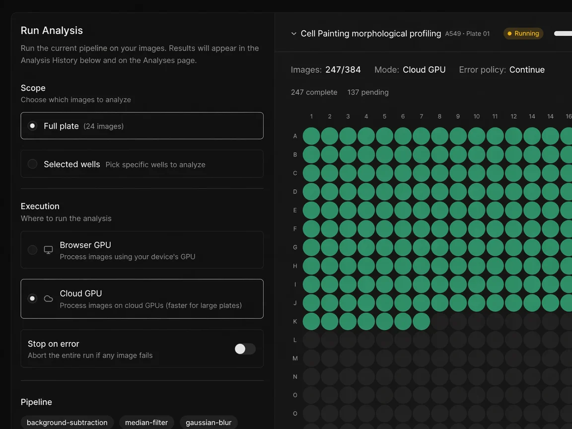 Run Analysis panel with scope and execution controls alongside a 384-well plate running mid-analysis
